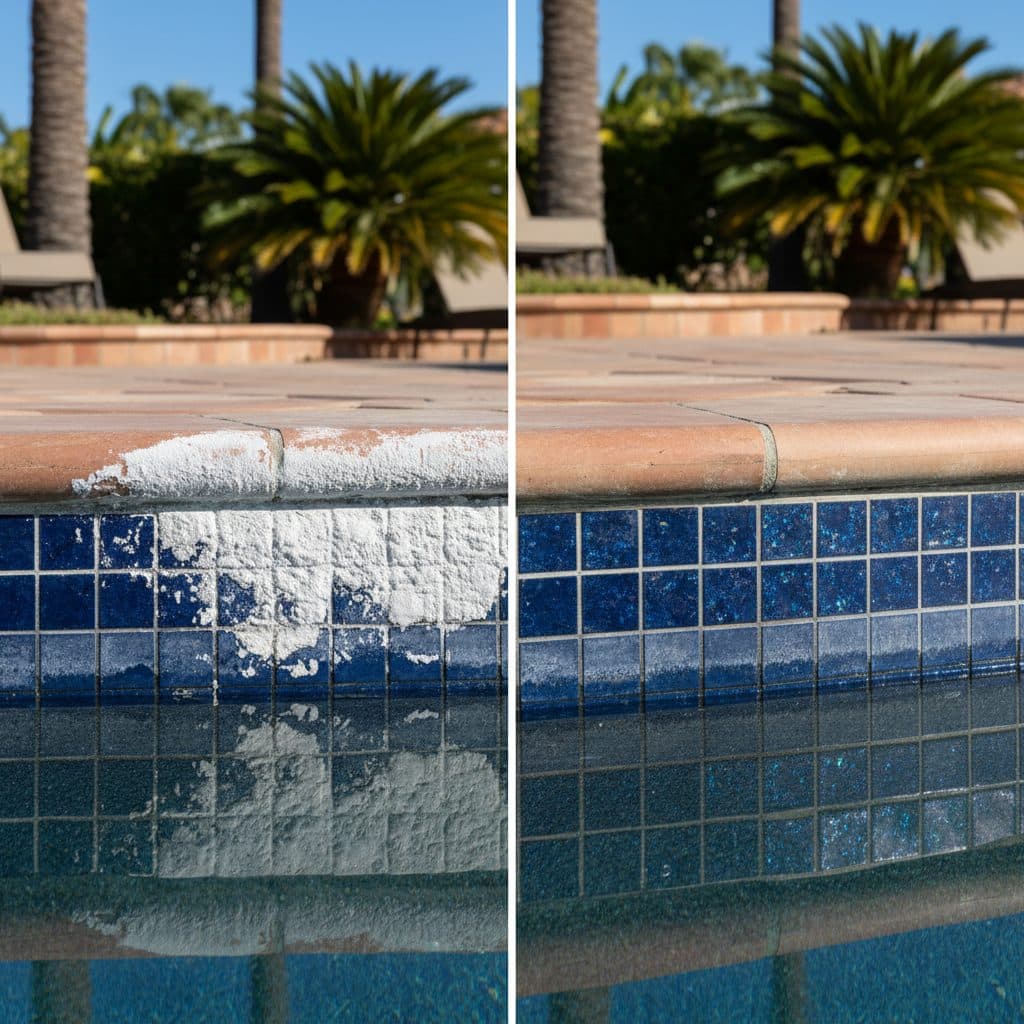 Pool tile cleaning before and after, calcium scale removed