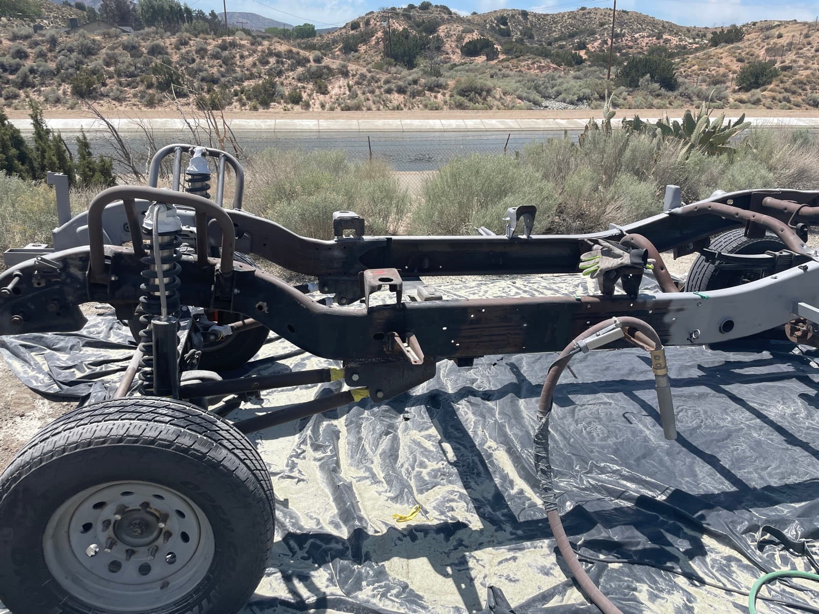 Classic car frame before stripping